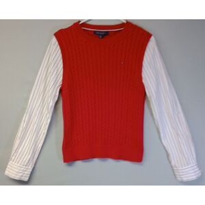 Tommy Hilfiger Sweater Shirt Women's M Red Long Sleeve Ribbed Roll Tab Sleeve